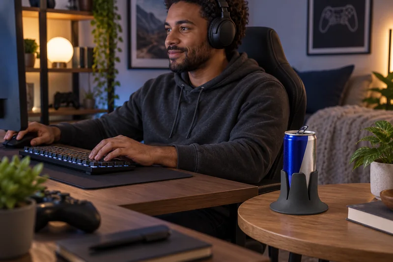 Adult gamer seated at desk energy can on broad separate side table beyond mouse movement cables and keyboard. AI lifestyle illustration.