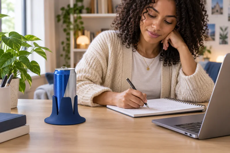 Adult studying at home energy can on wide clear dry desk area away from notebook and laptop. AI lifestyle illustration.