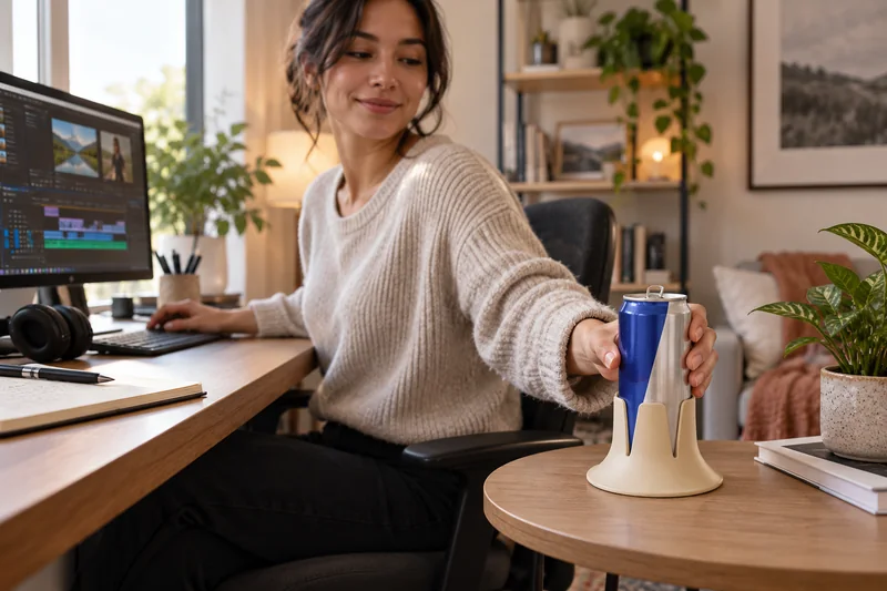Adult video editor taking break energy can on separate small table beside desk not above electronics. AI lifestyle illustration.