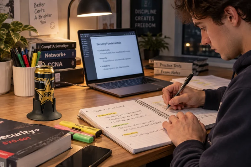 Adult studying certification notes late at night with opened slim energy-drink can in Steadi on clear study desk corner outside writing arm path. AI illustration.
