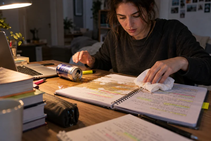 Reaching for highlighter knocks can; sticky drink spreads over revision notes. AI illustration.